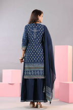 Juniper Women Indigo Cotton Cambric Printed Kurta, Palazzo and Dupatta Set | Grocsy