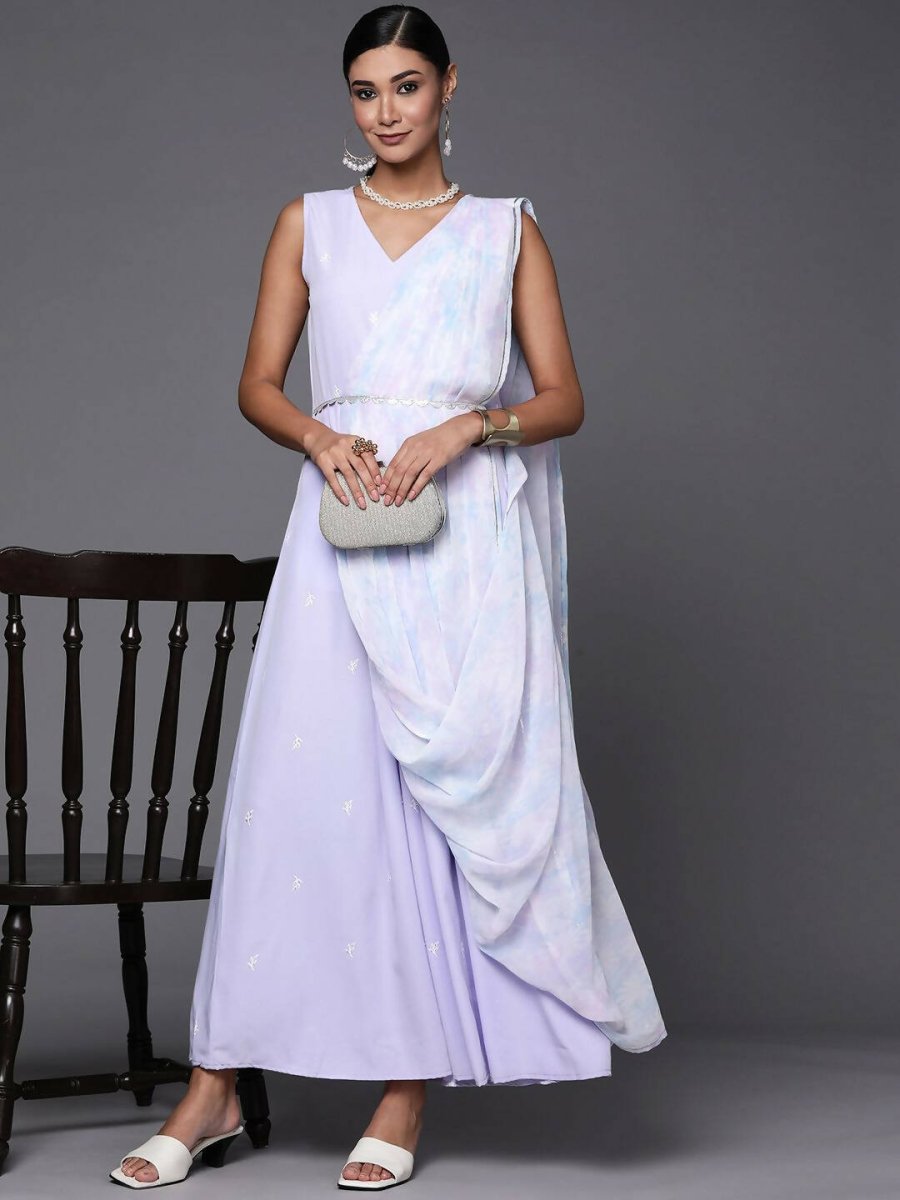 Ahalyaa Blue & White Floral Print Ethnic Maxi Dress with Attached Dupatta | Grocsy