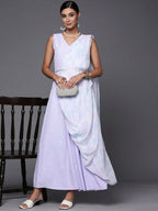 Ahalyaa Blue & White Floral Print Ethnic Maxi Dress with Attached Dupatta | Grocsy