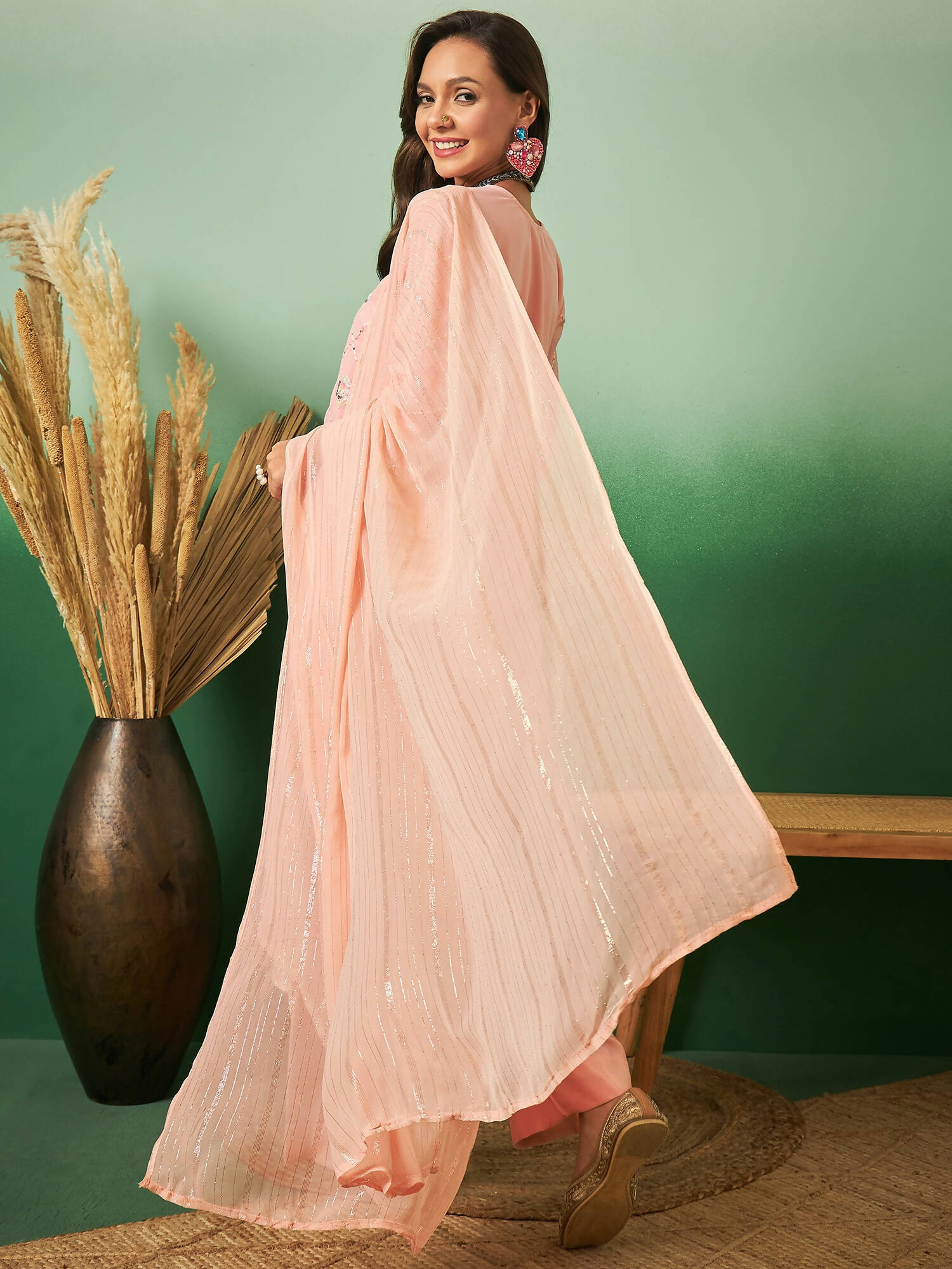 Peach Georgette Handwork Unstitched Dress Material - Hanika | Grocsy