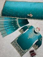 The52 Women's Beautiful Chinon silk Fabric Embroidery Work Straight Kurta Palazzo and Dupatta Set | Grocsy