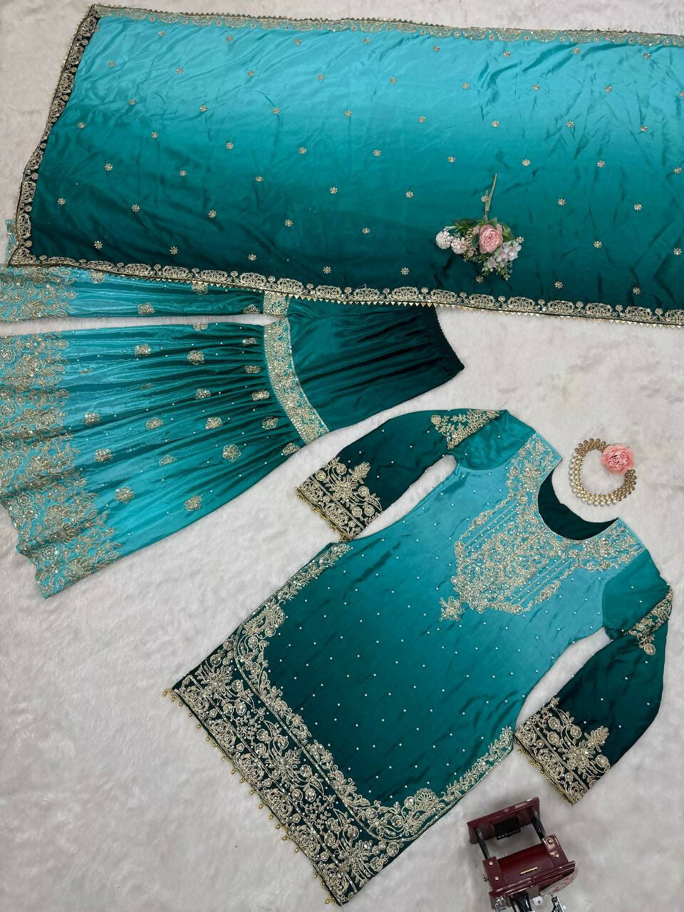 The52 Women's Beautiful Chinon silk Fabric Embroidery Work Straight Kurta Palazzo and Dupatta Set | Grocsy