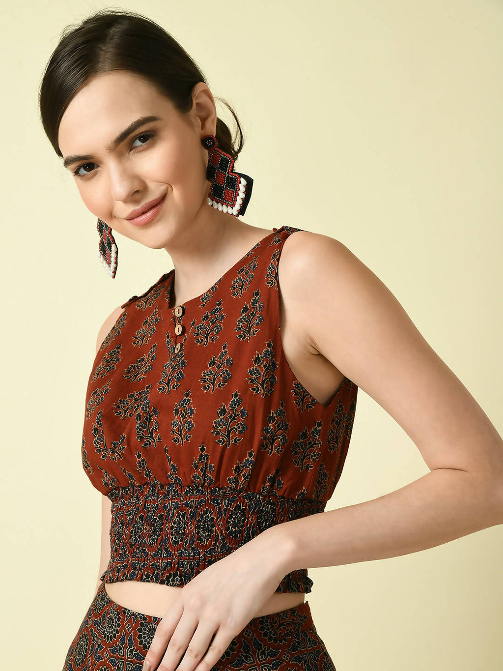 Myshka Women's Rust Ethnic Motifs Printed Top | Grocsy