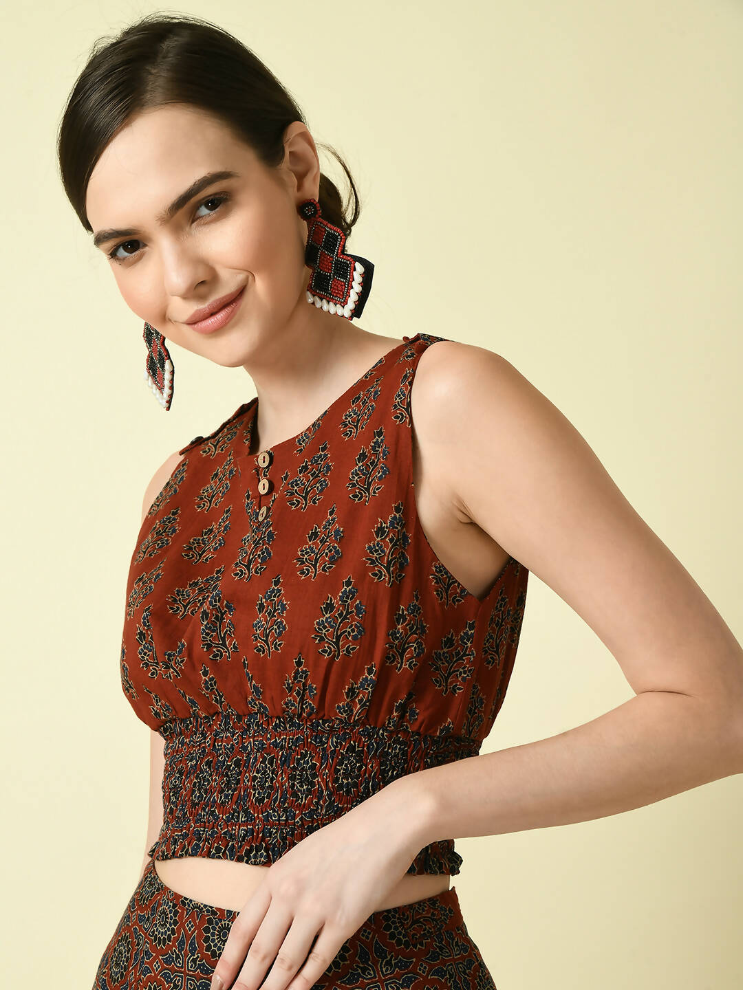 Myshka Women's Rust Ethnic Motifs Printed Top | Grocsy