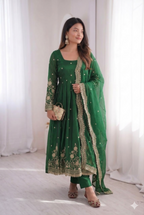 Teeya Creation Womens New Latest Trendy Elegant Green Embroidered Anarkali Suit Set with Scalloped Dupatta | Grocsy