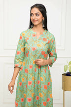 Myshka Women Green Floral Rayon A-Line Round Neck Kurtas | Grocsy