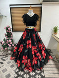 Dishitha Creation Floral Printed Stitched Lehenga & Crop Top - Black & Black | Grocsy