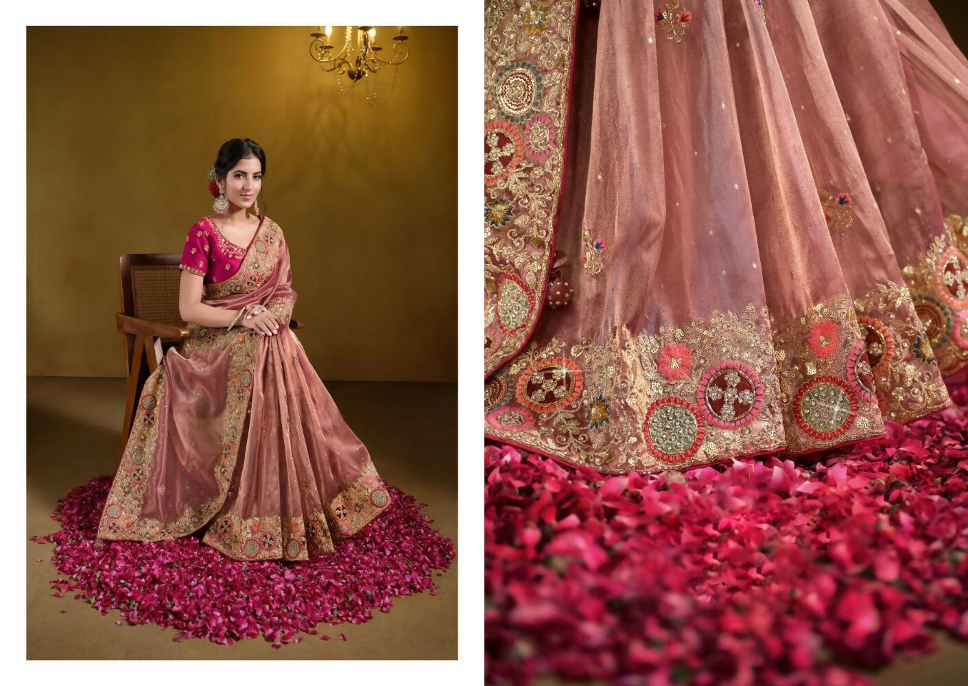 Peach Zari Organza Silk Pure Khatli work Designer Saree With Blouse. - Rajasvi | Grocsy