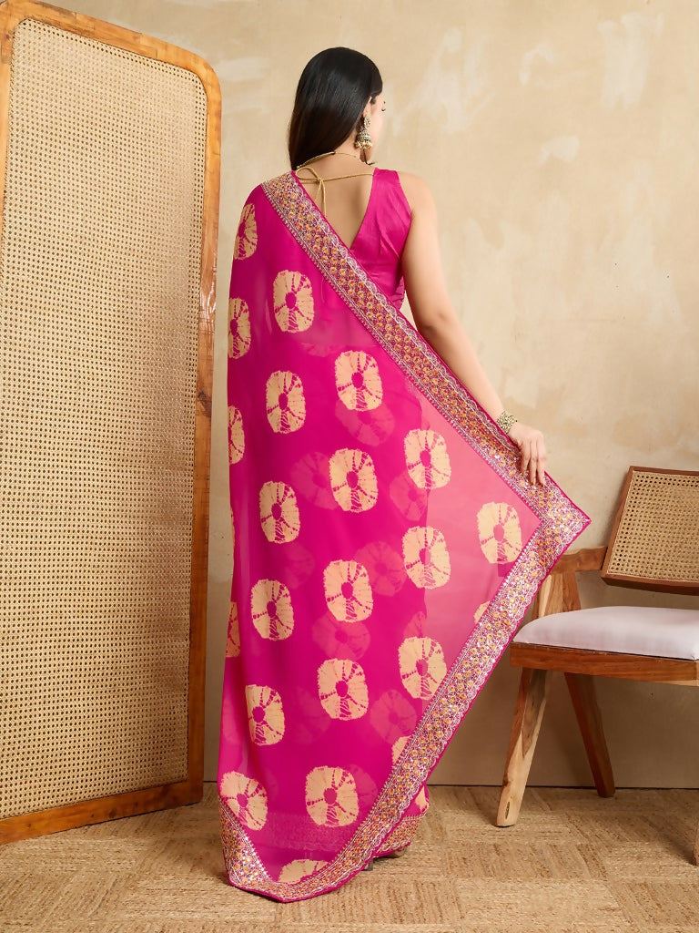Pink Georgette Printed Designer, Embroidery Work Lace Border Saree - Aarvi | Grocsy