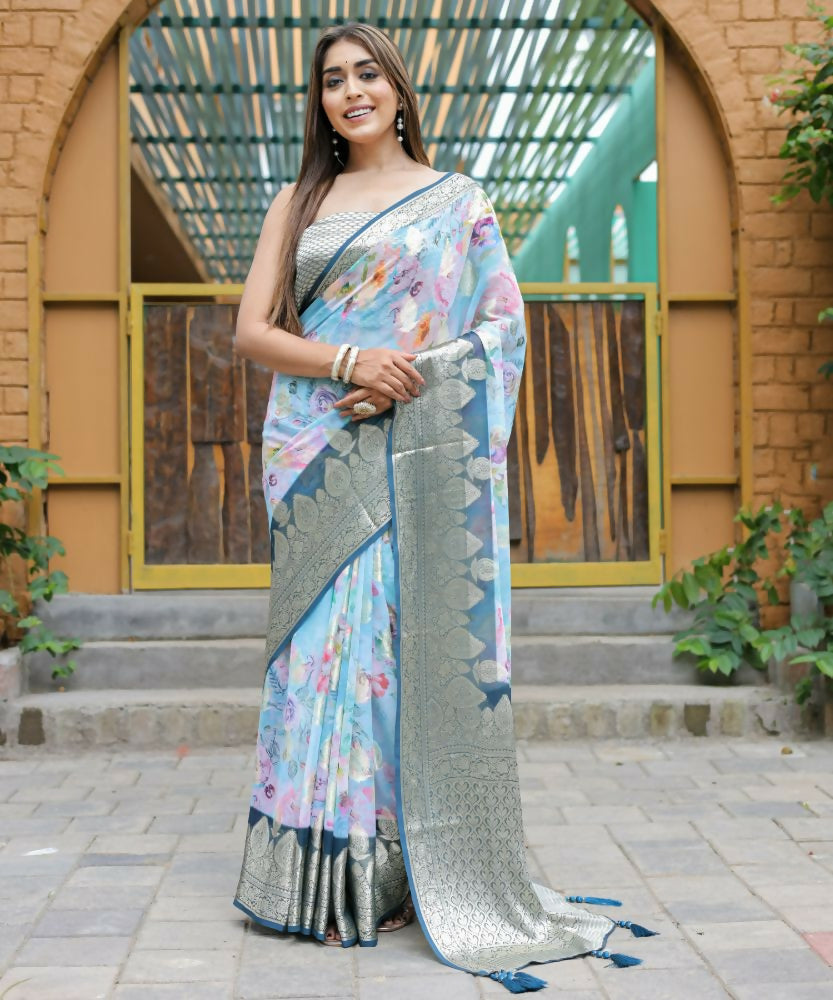 Vamsee Dhruvini Blue Georgette Saree | Grocsy