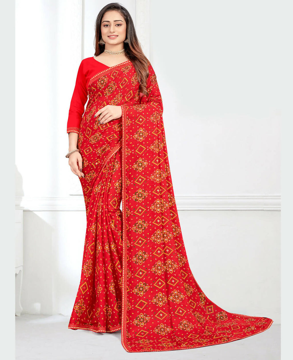 Red Georgette Bandhani Printed Saree With Unstitched Blouse Piece - Jyoti | Grocsy