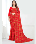 Red Georgette Bandhani Printed Saree With Unstitched Blouse Piece - Jyoti | Grocsy