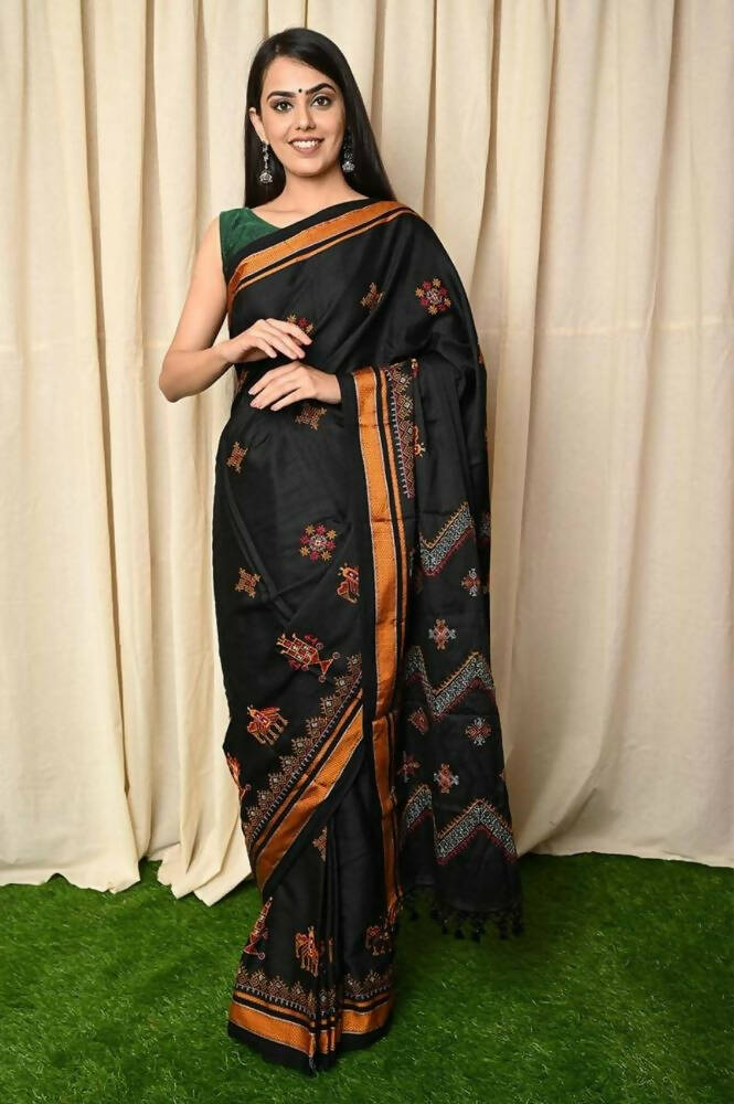 Very Much Indian Khun Saree Cotton Resham Handwoven Chrome Yellow & Black | Grocsy