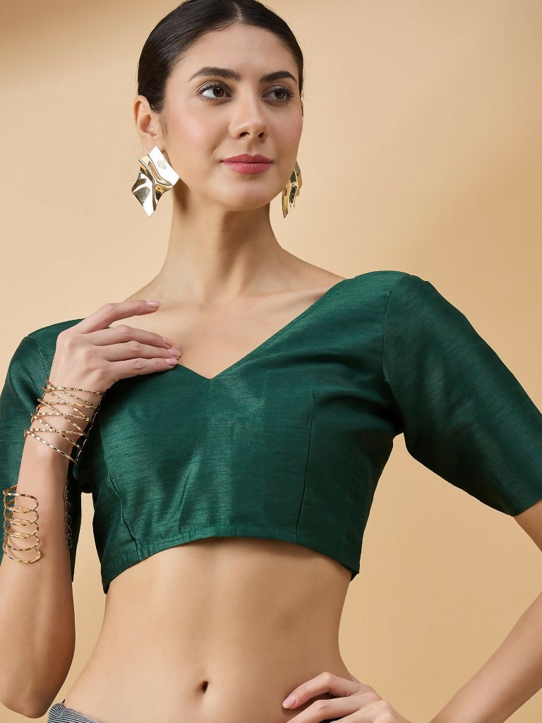 Green Cotton Blend Thread Embroidered Saree with Unstitched Blouse - Satya | Grocsy