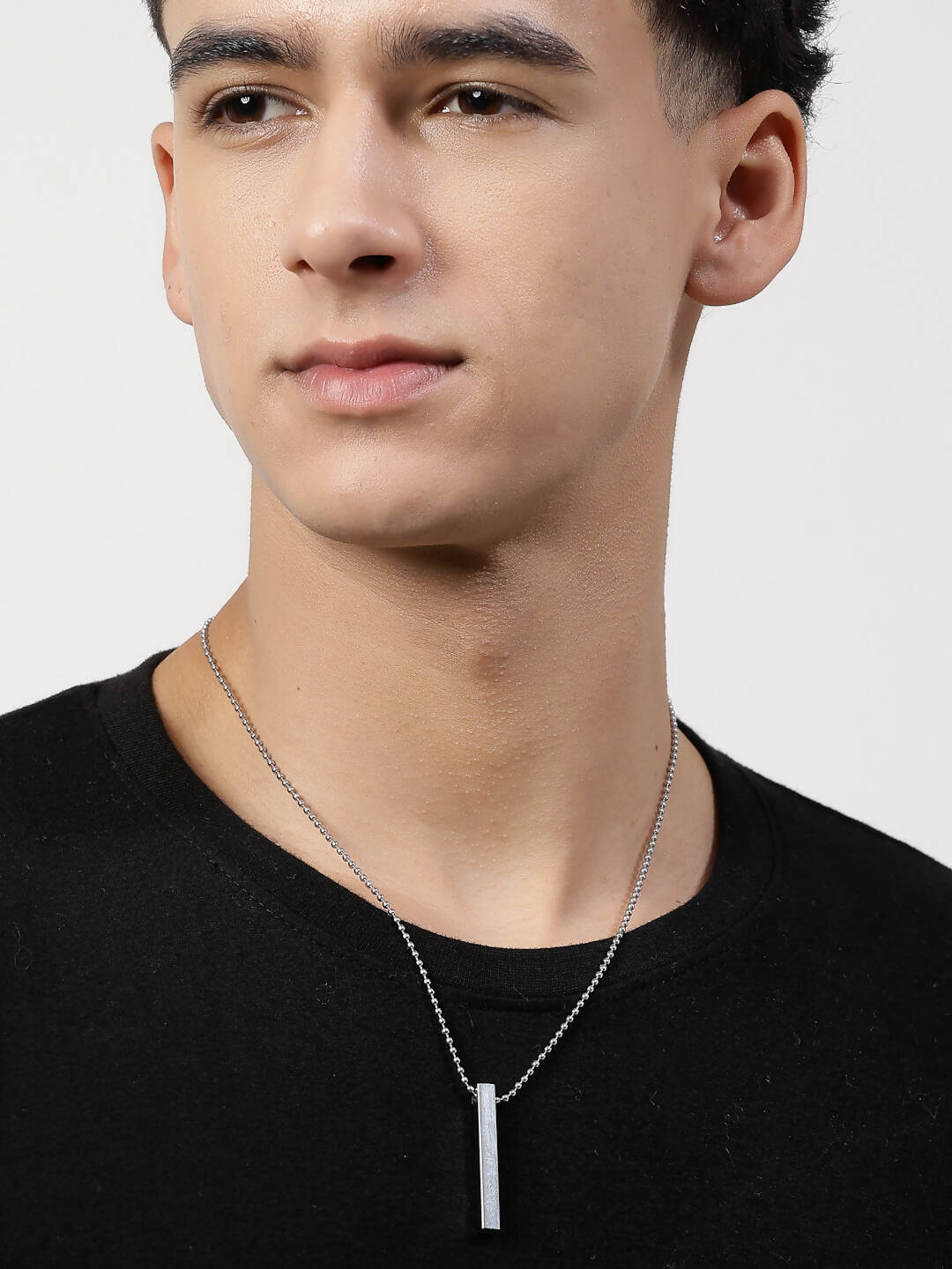 NVR Men's Silver Rhodium Plated Bar Pendant & Chain | Grocsy