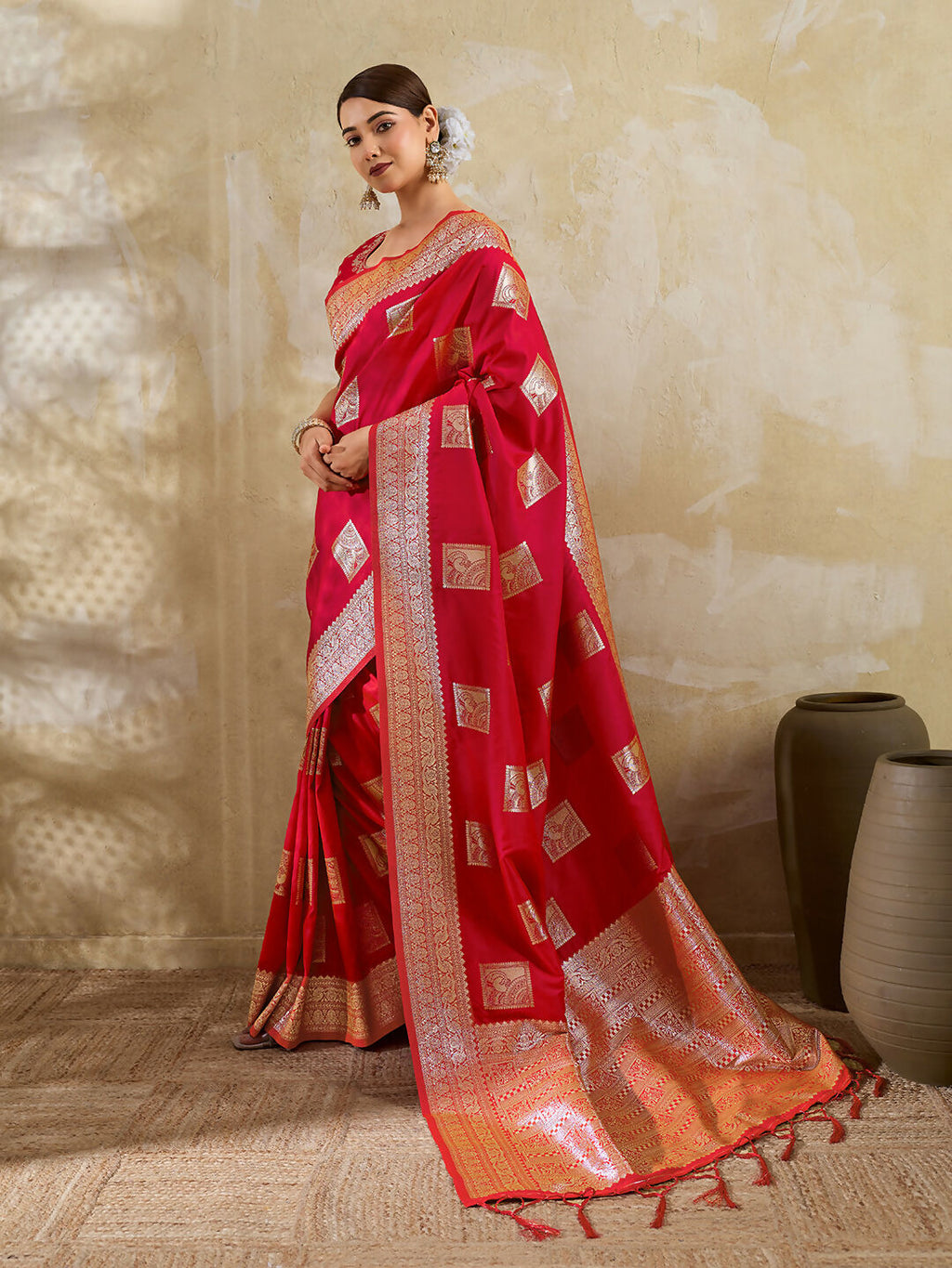 Shree Shyam Fashion Red Silk Blend Saree | Grocsy