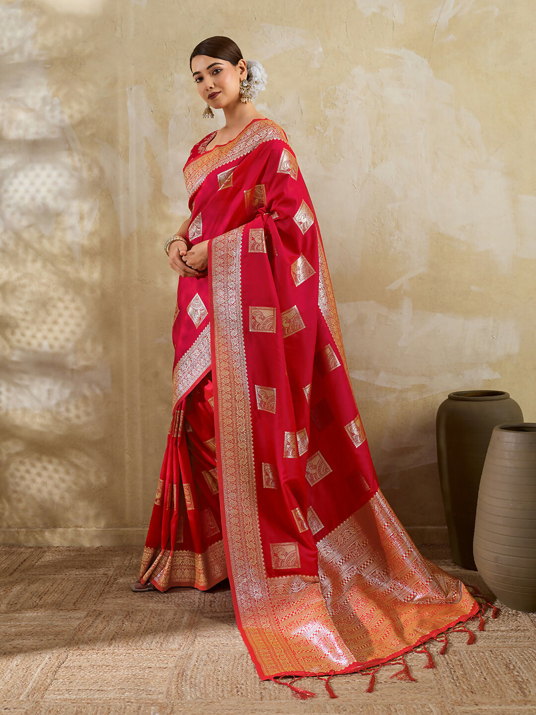 Shree Shyam Fashion Red Silk Blend Saree | Grocsy