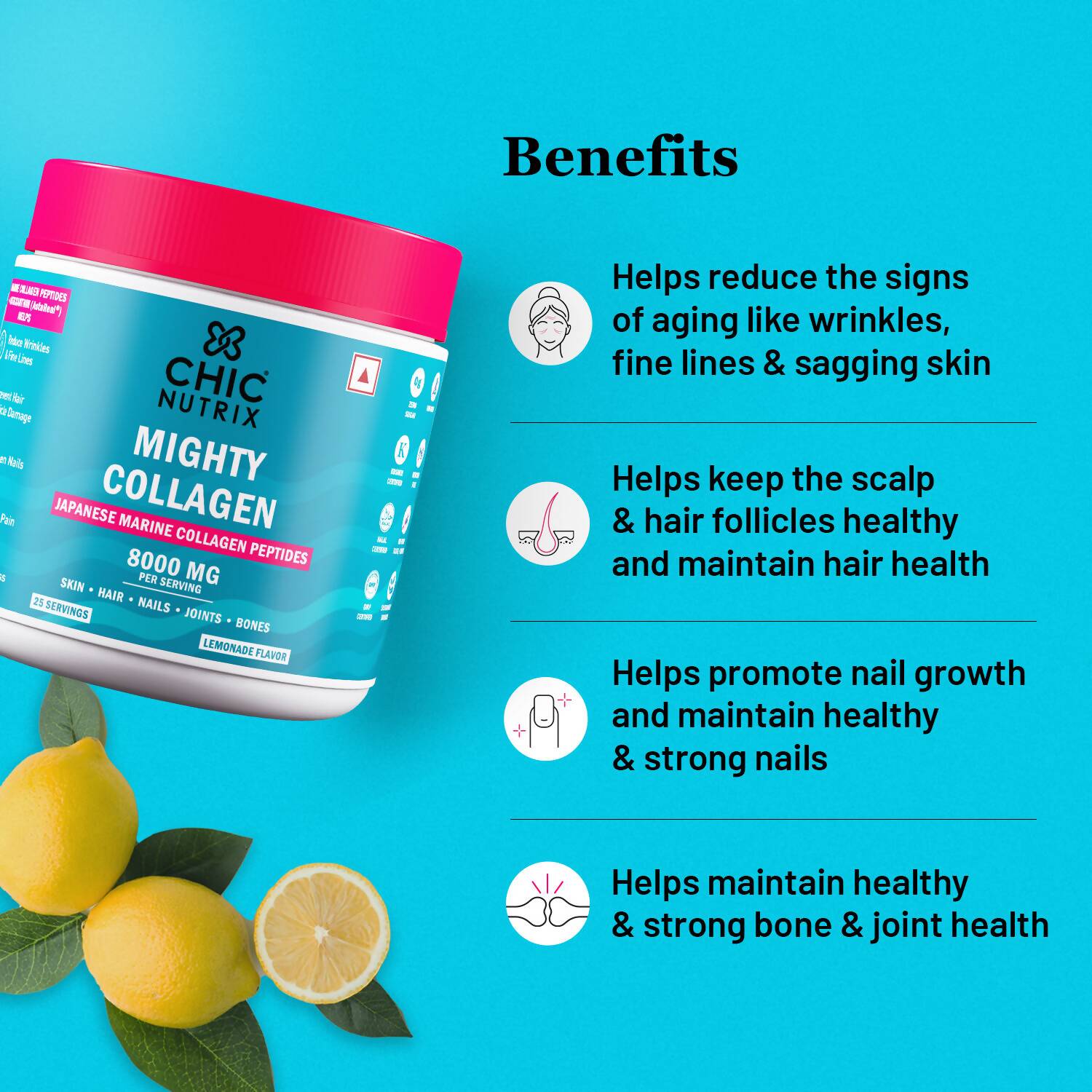 Chicnutrix Mighty Collagen Japanese Collagen Powder For Skin, Hair, Nails & Joints - Lemonade Flavor | Grocsy