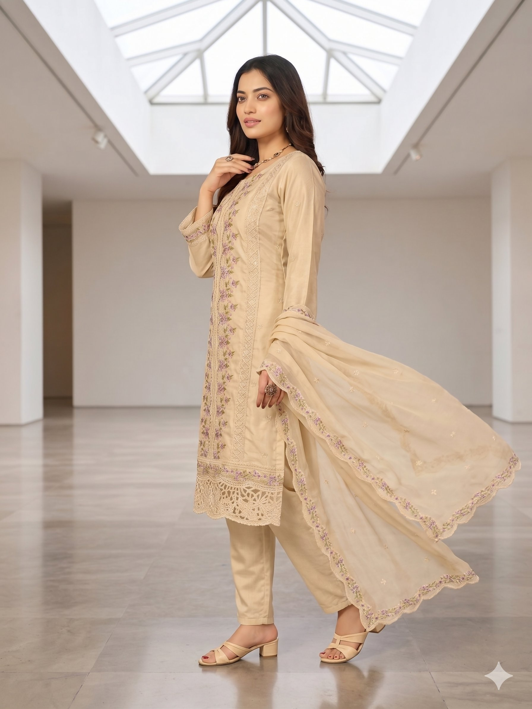 Teeya Creation Womens New Trendy Silk With Heavy Embroiedery With Sequence Work Beige Kurta Set | Grocsy