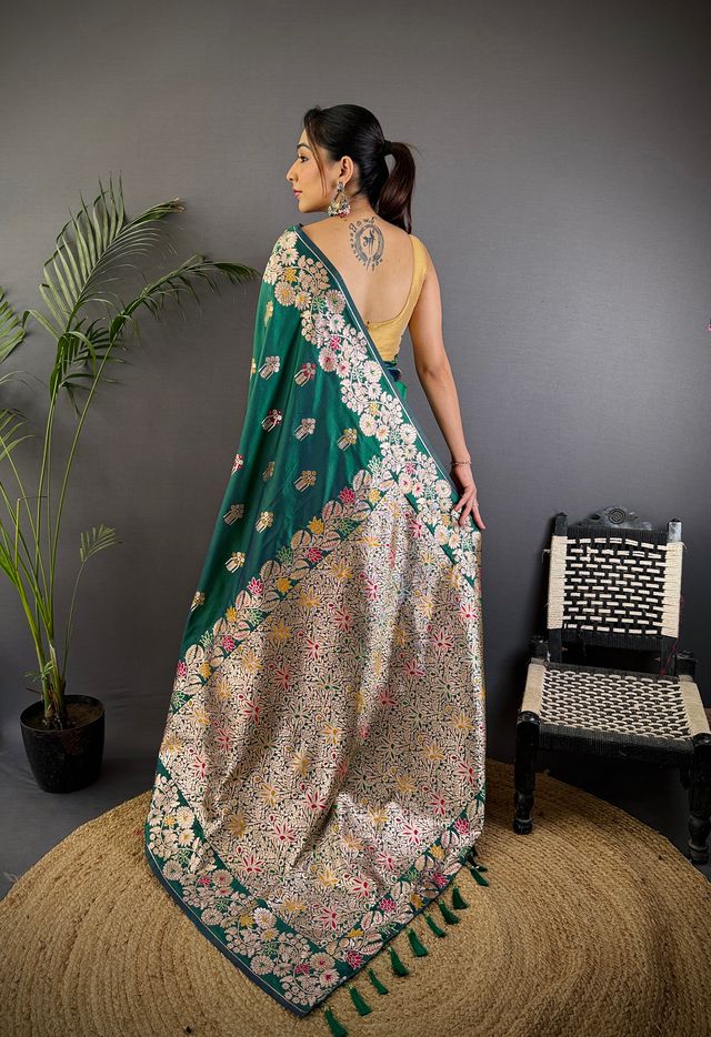 Elora Teal Green Soft Silk Floral Zari Weaving Meenakari Saree With Floral Border | Grocsy