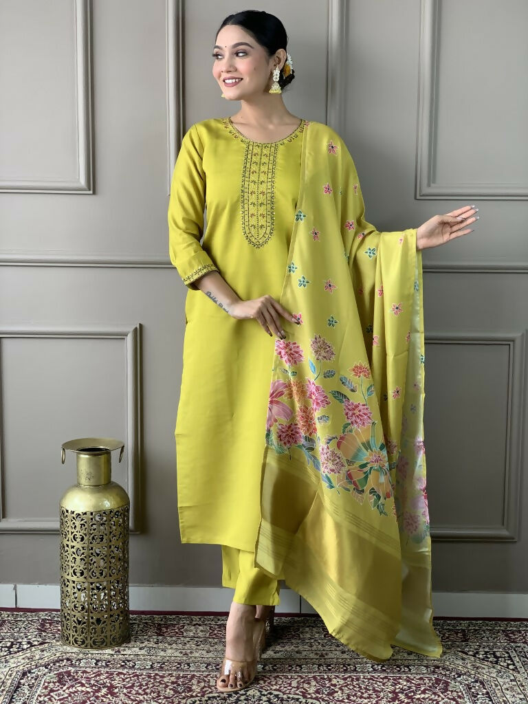 Lemon Viscose chanderi Stitched Suit With Dupatta - Tanisha | Grocsy