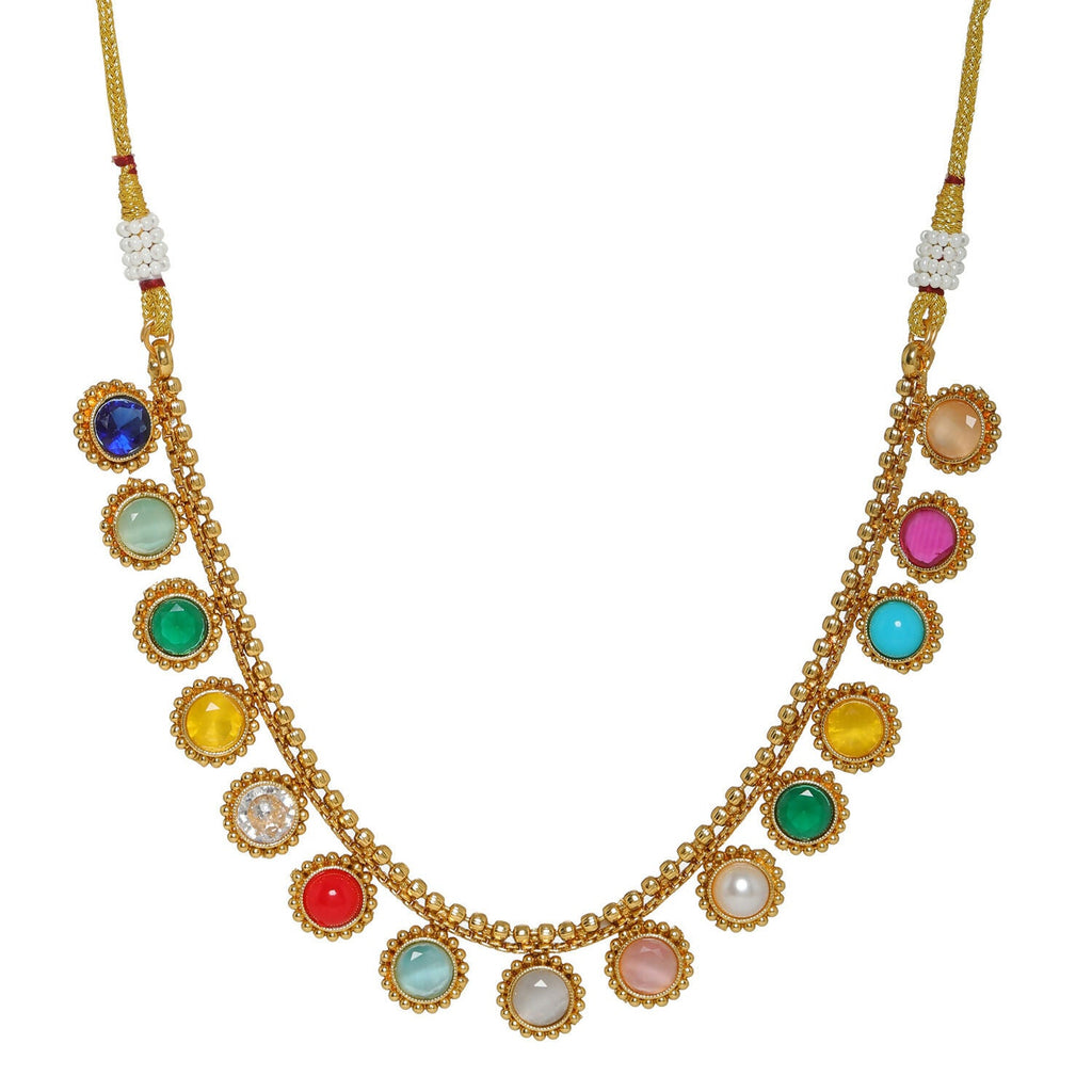 Multi Colored Stone in Gold Choker with Earrings (Multi Color) - Ruby Raang | Grocsy