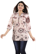 Snehal Creations Bold Beige Cotton Chikan Short Kurti Top With Batik Printing | Grocsy