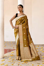 Joban Fashion Olive Pure Katan Pure Handloom Banarasi Silk Saree | Grocsy