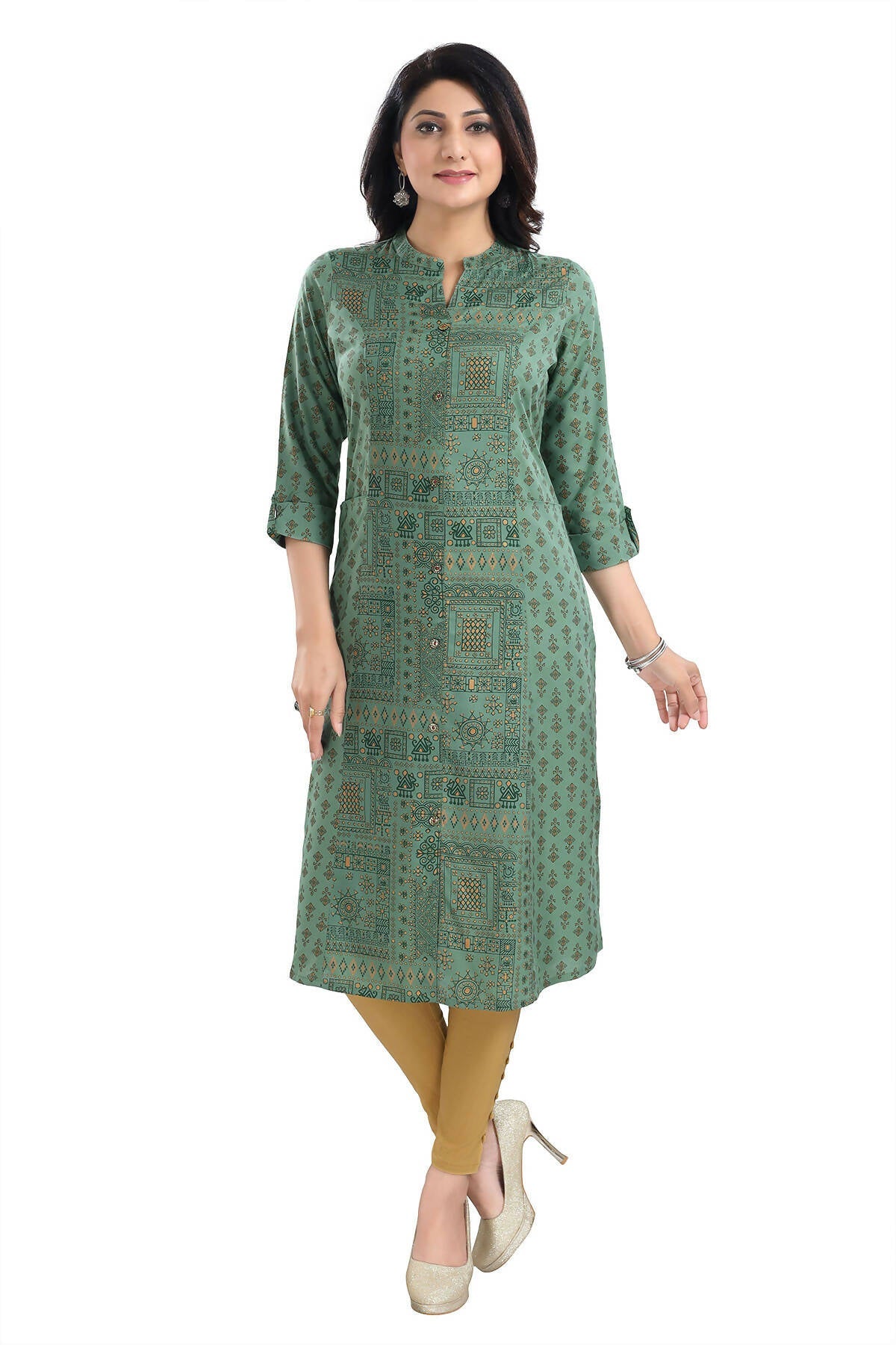 Snehal Creations Pleasing Pista Green Rayon Print Long Kurta For Women | Grocsy