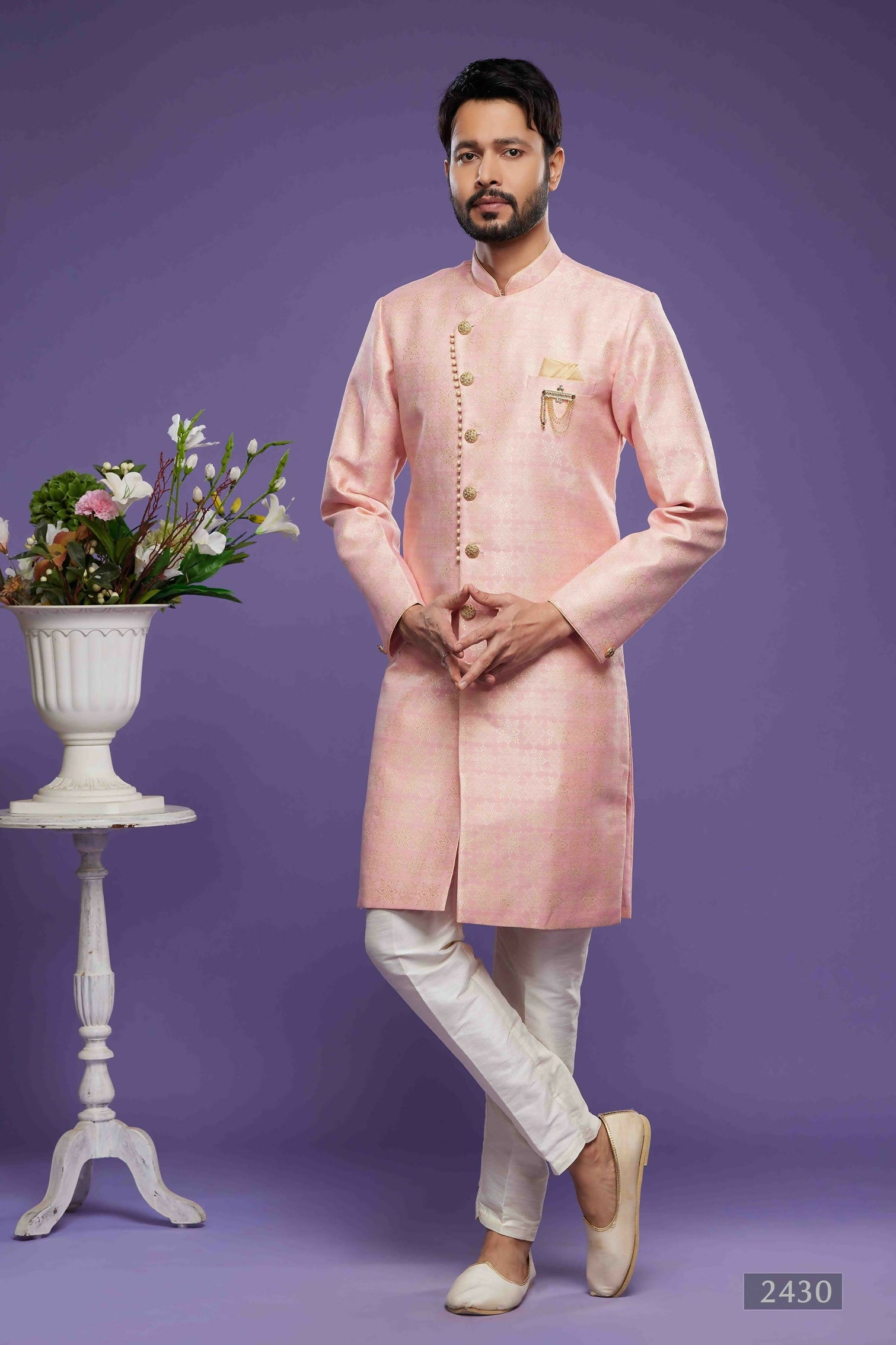 Raivat Ethnic Banarasi Jacquard Embroidery Semi Indo Western Sherwani In Pink Colour | Grocsy