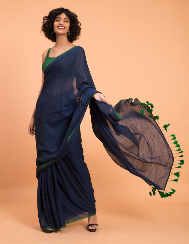Suta Blue Green Solid Cotton Blend Saree | Grocsy