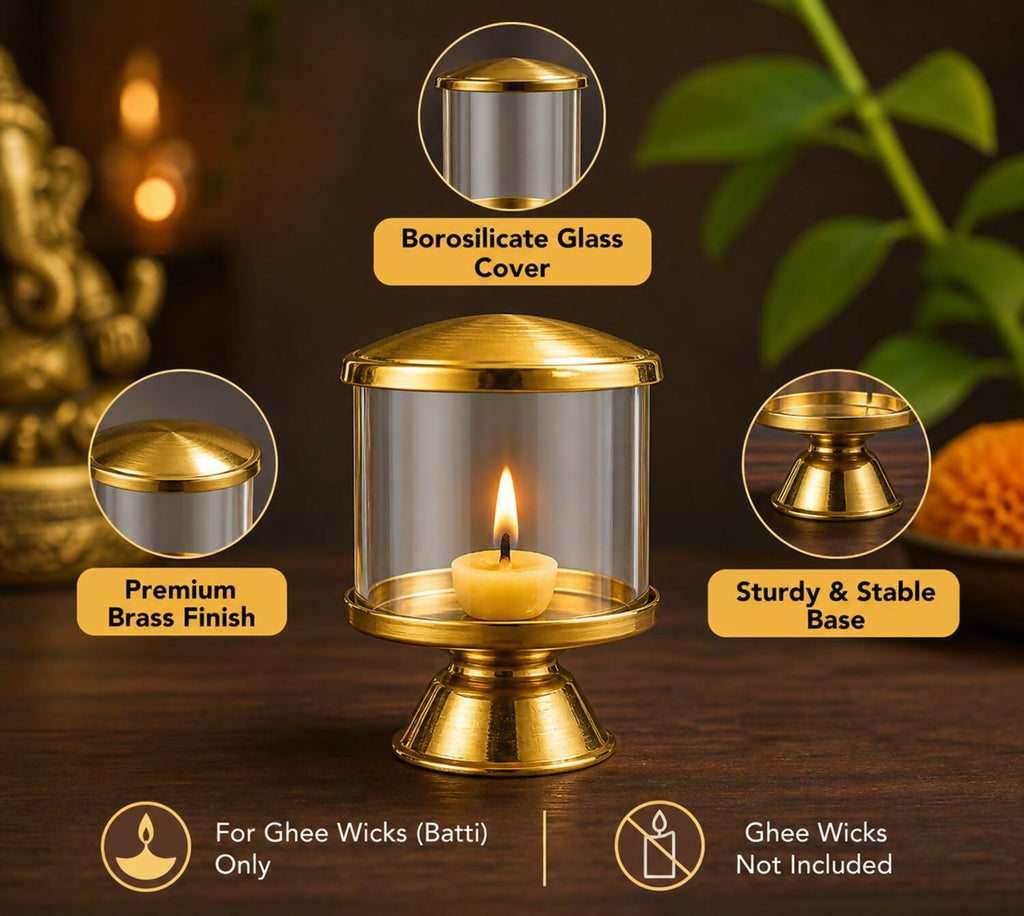 Not Available Pure Brass Ghee Diya for Puja with Glass Cover | Grocsy