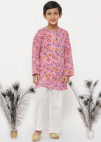Little Bansi Boys Cotton Block Print Floral Kurta with Pearl Buttons & Pyjama in Pink & Cream | Grocsy
