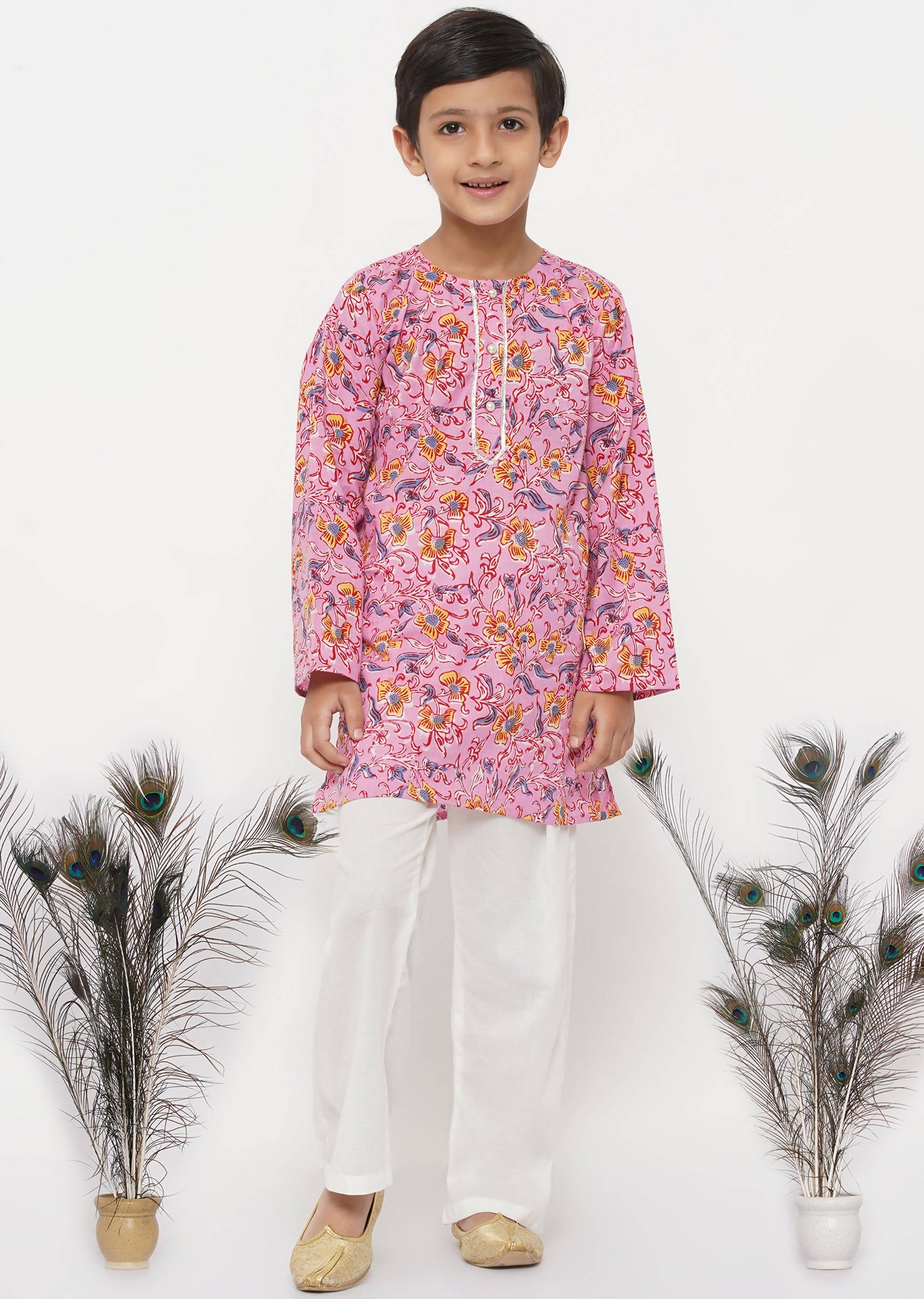 Little Bansi Boys Cotton Block Print Floral Kurta with Pearl Buttons & Pyjama in Pink & Cream | Grocsy