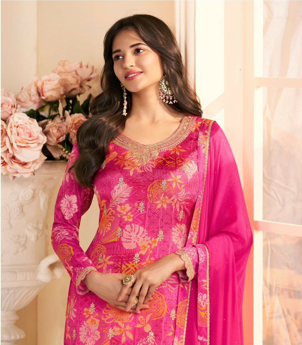 Anaita Magenta Chinon Stitched Suit with Multi Digital Print | Grocsy