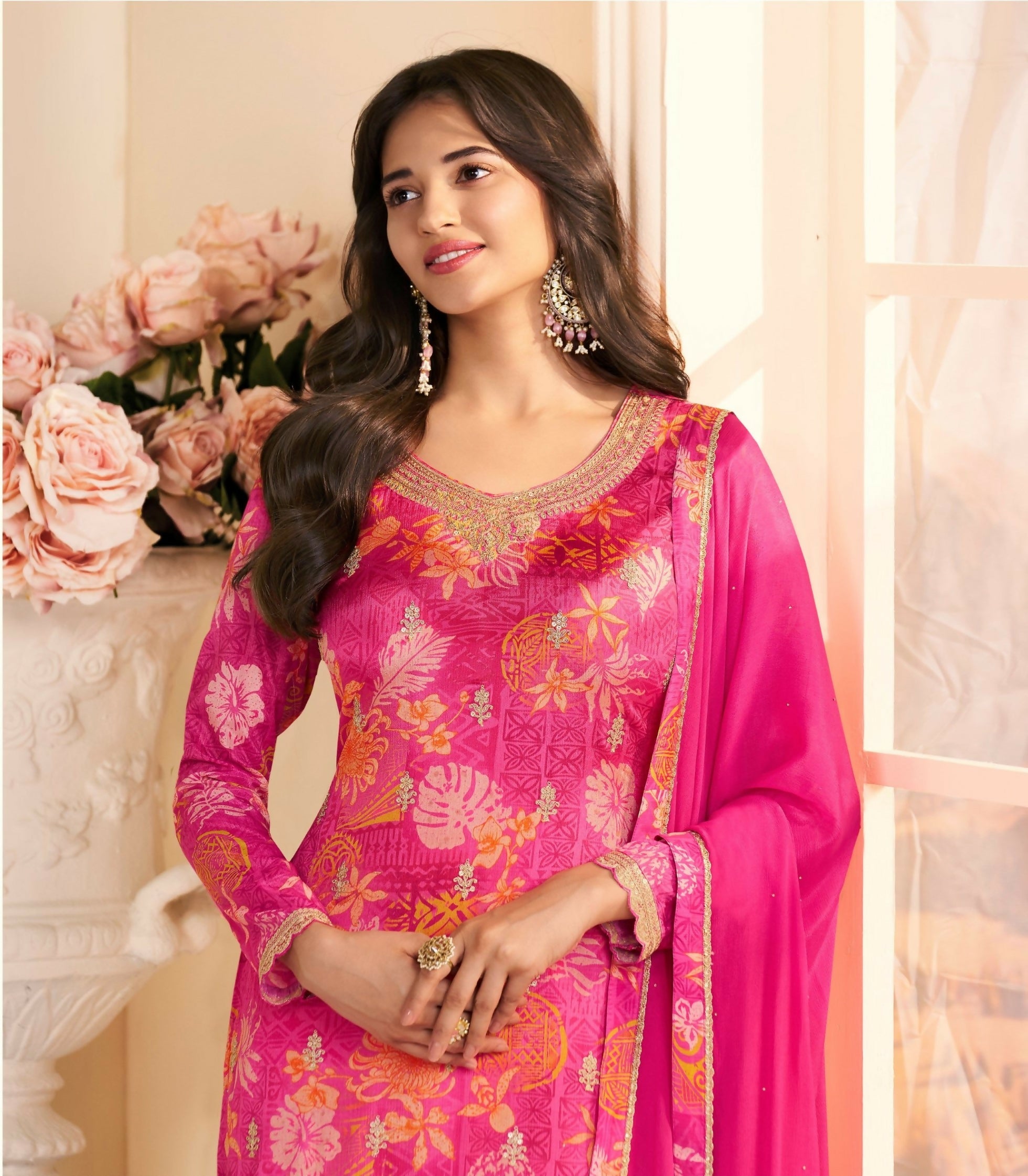 Anaita Magenta Chinon Stitched Suit with Multi Digital Print | Grocsy