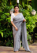 Grey Poly Georgette Woven Design Saree with Unstitched Blouse - Hiral Fashion | Grocsy