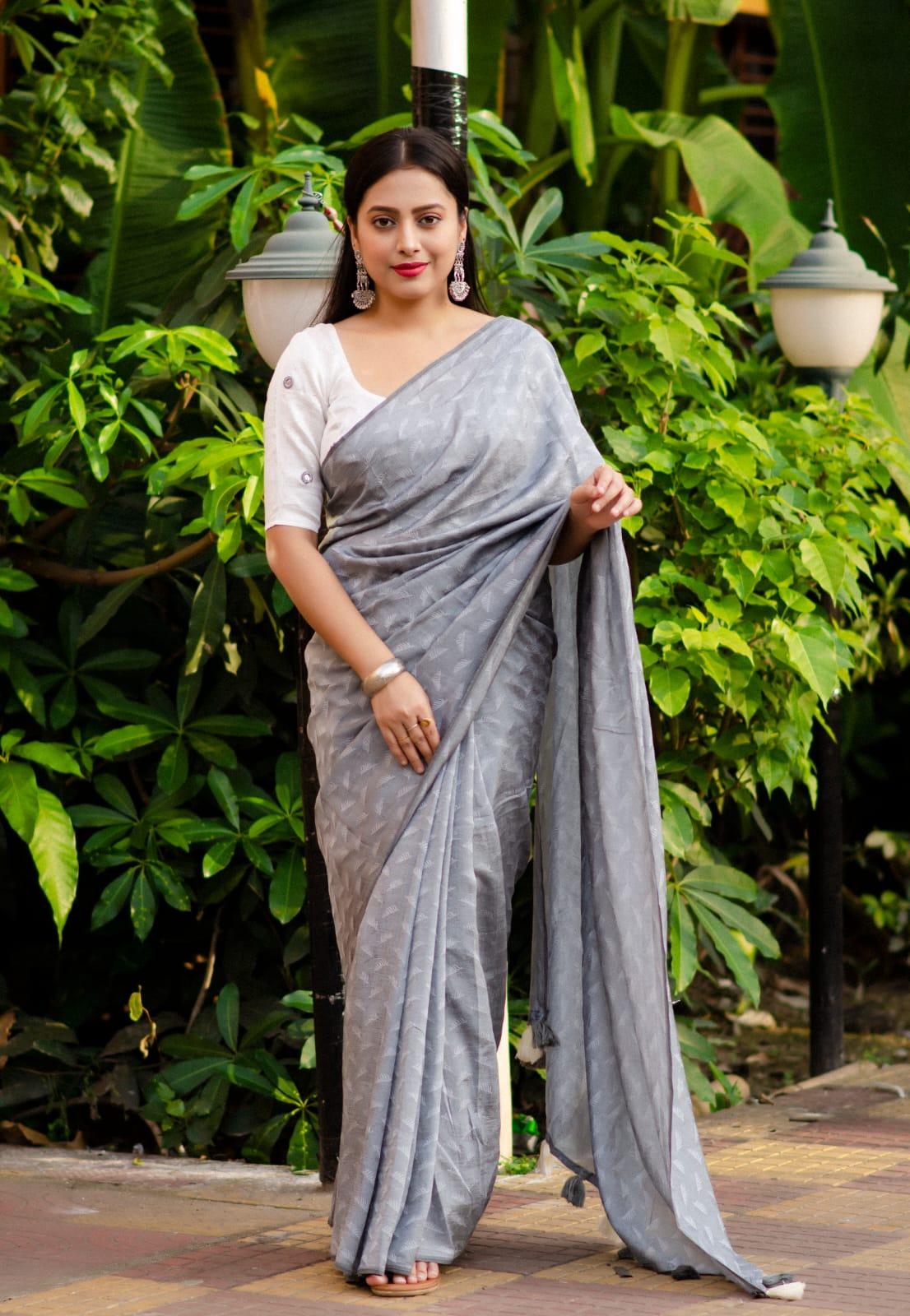 Grey Poly Georgette Woven Design Saree with Unstitched Blouse - Hiral Fashion | Grocsy