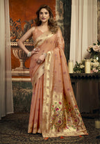 Monjolika Fashion Peach Kota Silk Blend Paithani Saree with Meenakari Floral Bootis | Grocsy