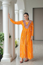 Vastranavya Orange Navratri Special Kutchi Patch Work with Leheriya Printed Kurti | Grocsy