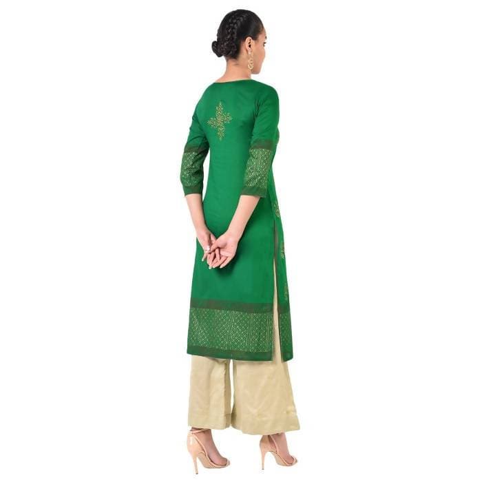 Aniyah Cotton Gold Print Straight Kurta In Green Color (AN-169K) | Grocsy