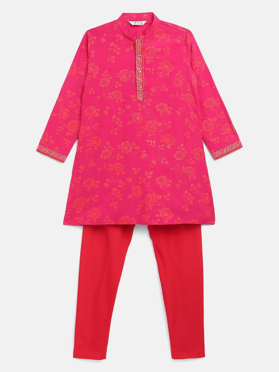 Ahalyaa Pink Crepe Orange Khari Print Kids Kurta Churidar Set For Boys | Grocsy