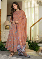 Jaimini Women Cotton Printed Round Neck 3/4 Sleeves Calf Length Flared Kurta Pant And Dupatta Set | Grocsy