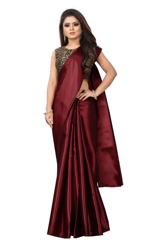 Vamika Maroon Satin Designer Saree (PAVITRA MAROON) | Grocsy