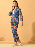 Myshka Women's Blue Printed Coat With Trousers | Grocsy