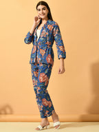Myshka Women's Blue Printed Coat With Trousers | Grocsy