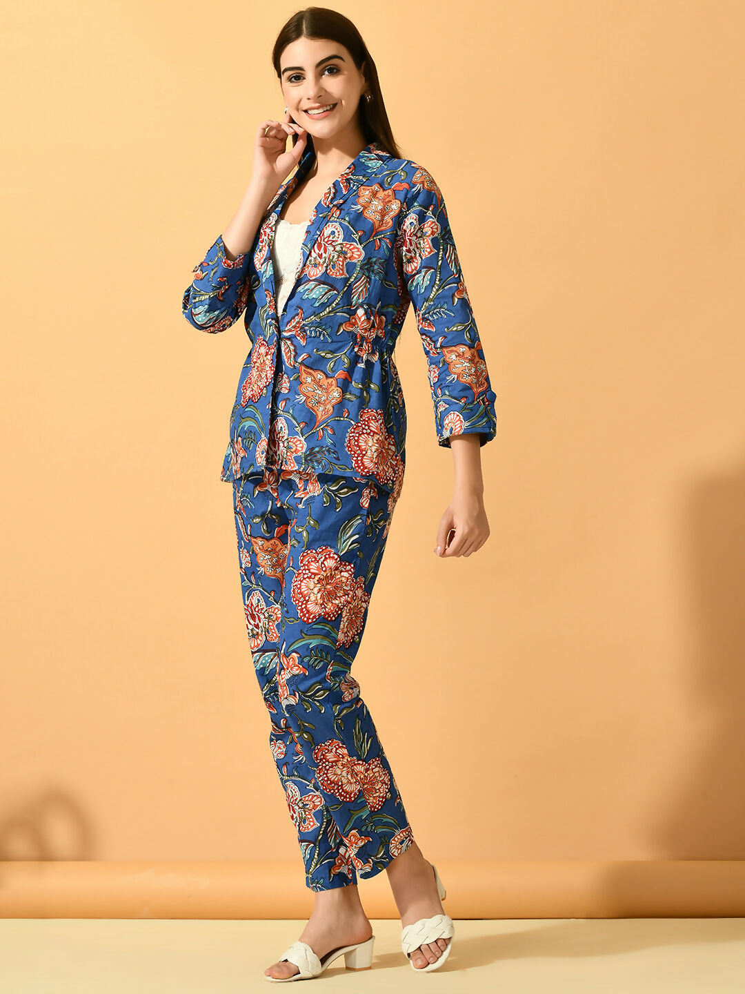 Myshka Women's Blue Printed Coat With Trousers | Grocsy