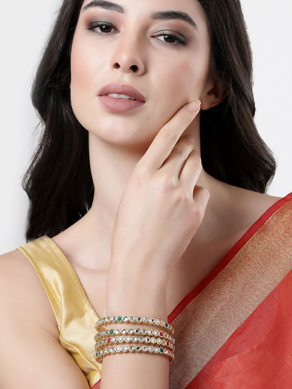 NVR Women Set of 4 Gold-Polished Kundan Studded Bangles
