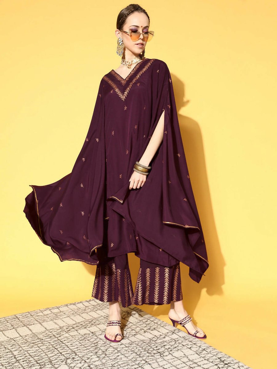 Ahalyaa Women Wine Colour Crepe Gold Glitter Print Kurta Palazzo Set | Grocsy