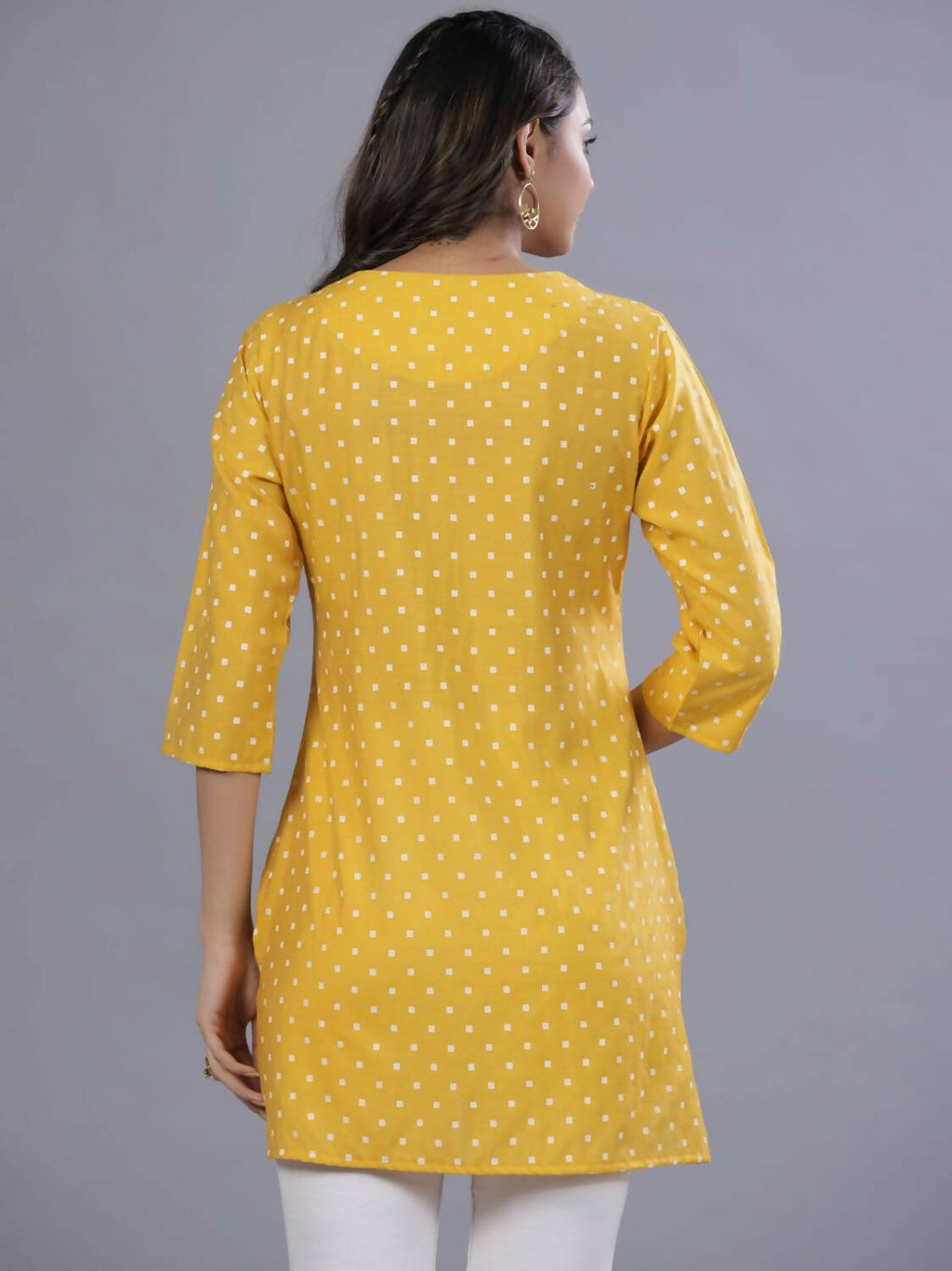 Juniper Women Yellow Muslin Printed High-Low Straight Tunic With Embroidered Yoke | Grocsy